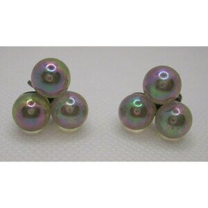 Vintage Sterling Silver Screw Back Iridescent Glass Faux Pearl Earrings